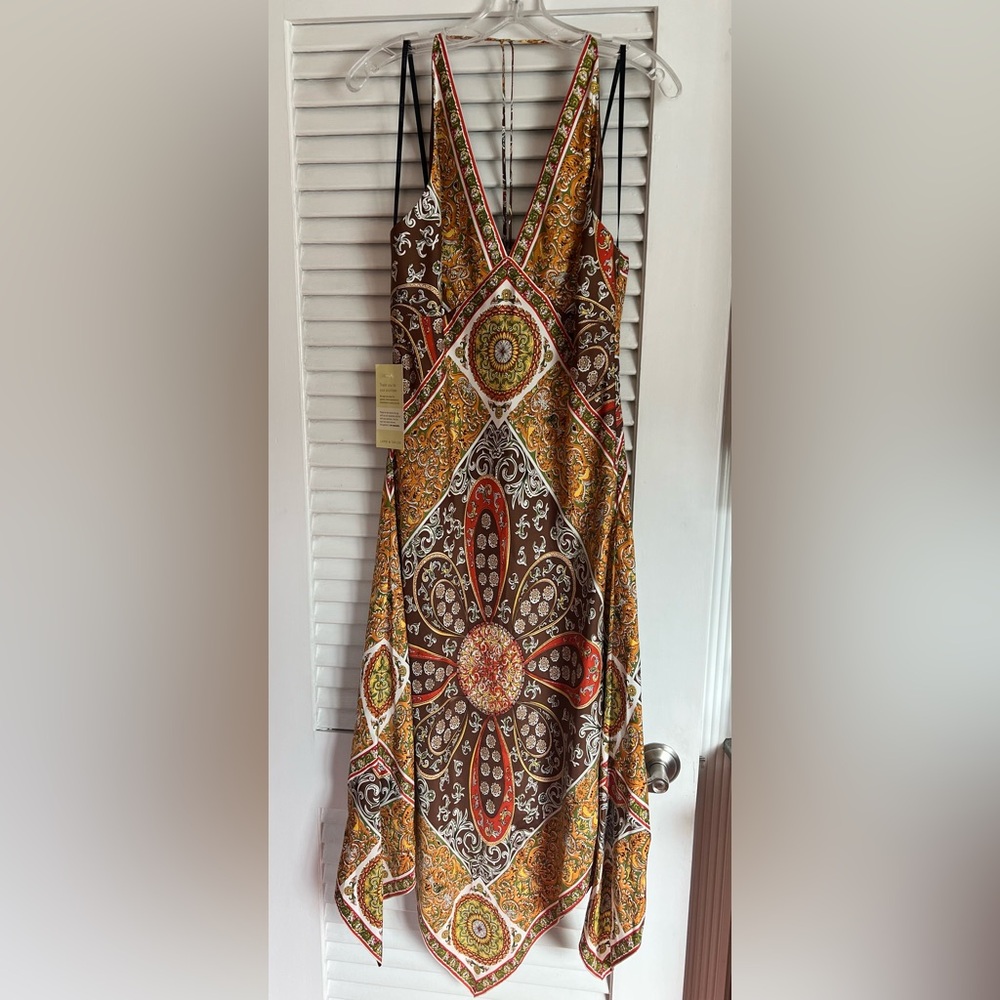 Laundry By Shelli Segal Brown Multicolor Asymmetrical Handkerchief Hem Dress